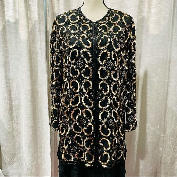 VINTAGE Gold Sequin Kimono Coat Lightweight - Picture 6 of 9